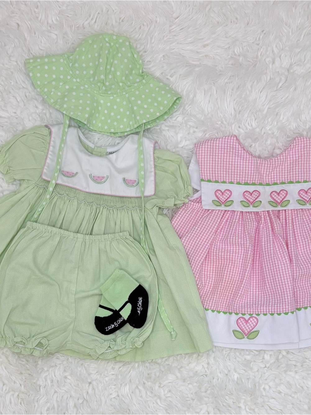 Baby Girl Boutique Bundle: Green Watermelon Set + Pink Heart Gingham Dress